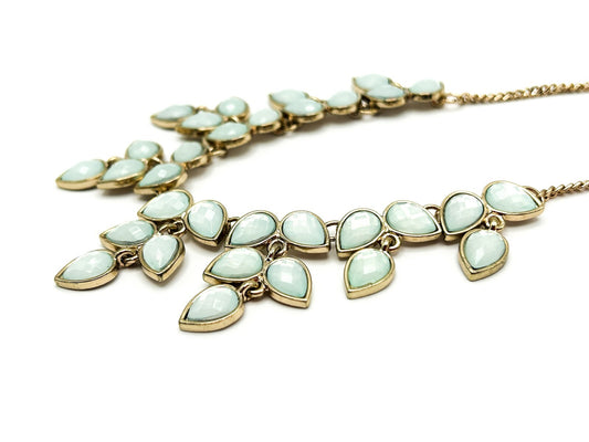 Accessorize Gold Tone Necklace Pale Blue White Teardrop Statement Fringe 15.5”
