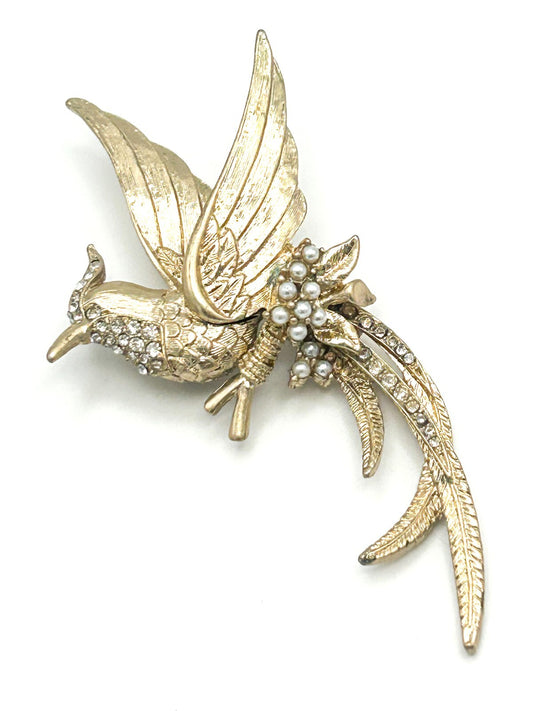 Vintage Bird of Paradise Brooch | Gold Tone Large Statement Bird Brooch Pearl