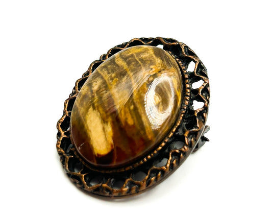 Vintage Picture Jasper Brooch Pendant Copper Tone Oval Cabochon Pin