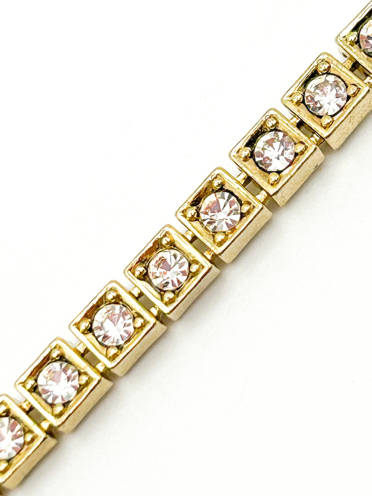 Gold Tone Tennis Bracelet Square Rhinestone Crystal Articulated Link 7.5”
