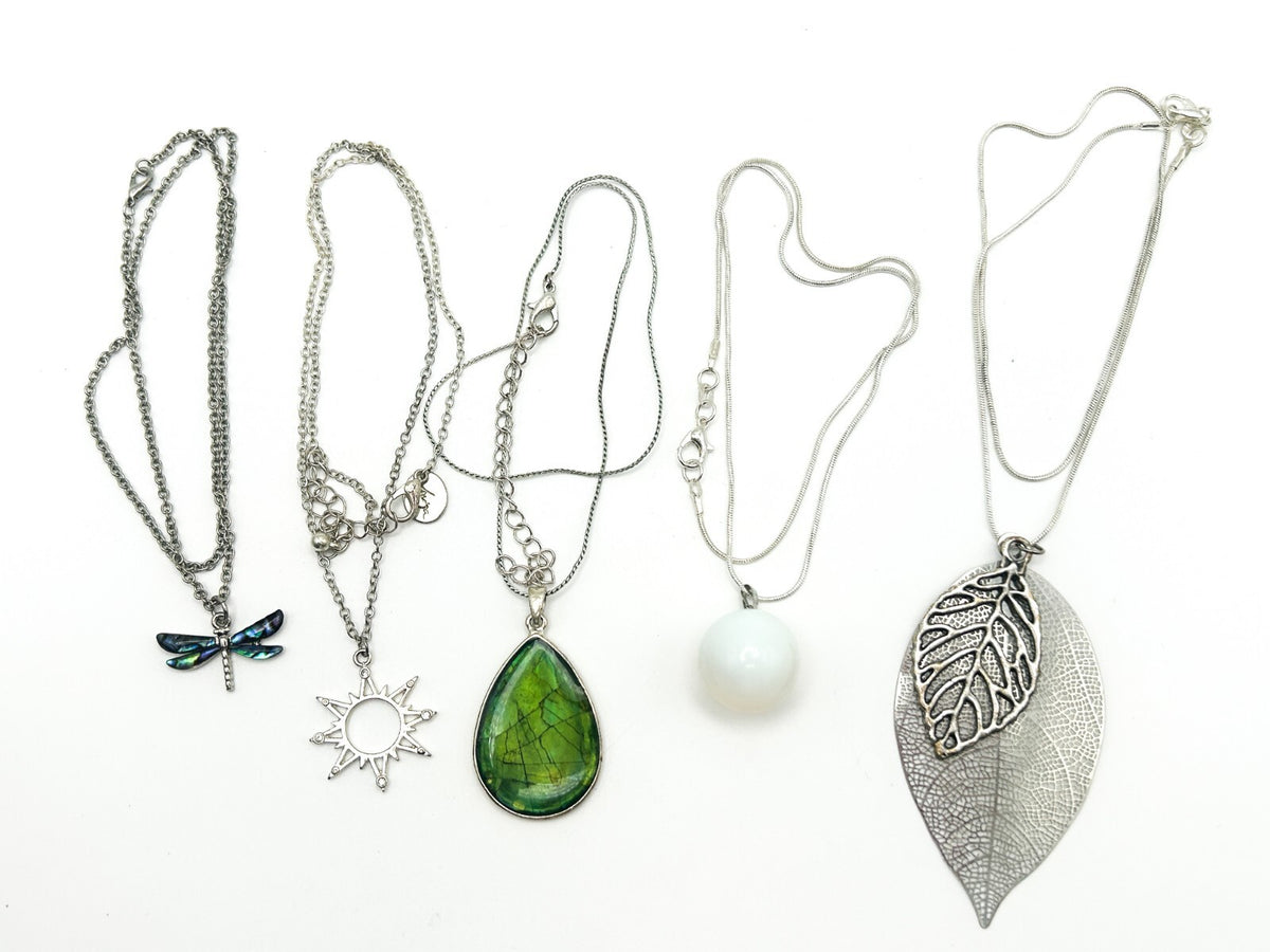 Silver Tone Pendant Necklace Bundle Dragonfly Sun Leaf Gemstone x5