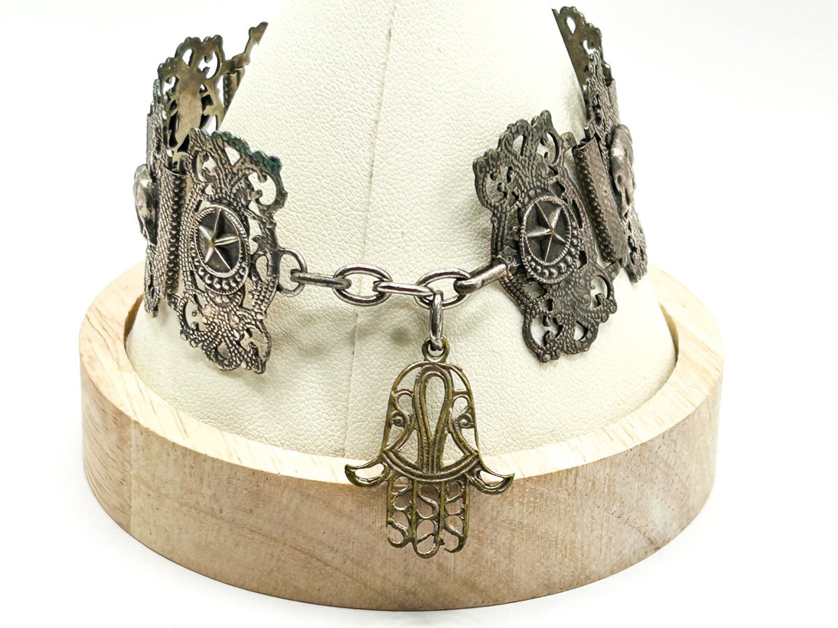 Vintage Egyptian Revival Pharaoh Scarab Panel Bracelet Turquoise Hamsa Tourist