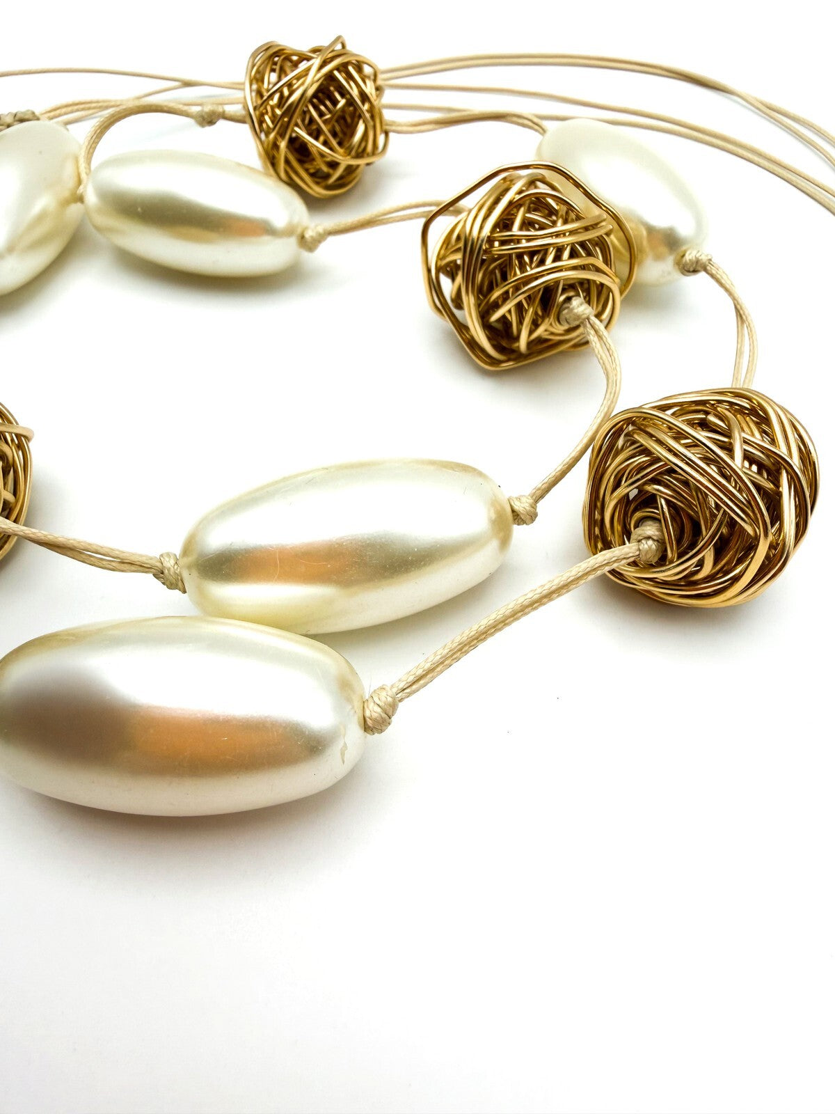 Chunky Oval Pearl & Gold Tone Hand-knotted Wire Wrapped Ball Adjustable Necklace