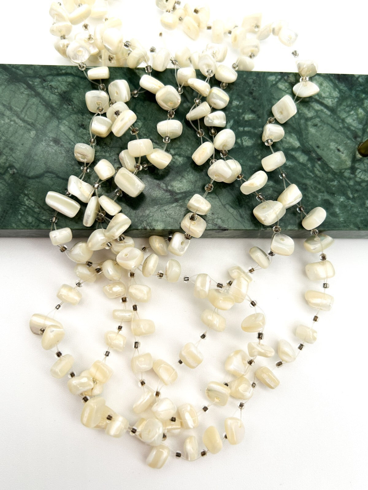 Vintage Mother Of Pearl Multi Strand Illusion Necklace Cream Shell Floating Chip