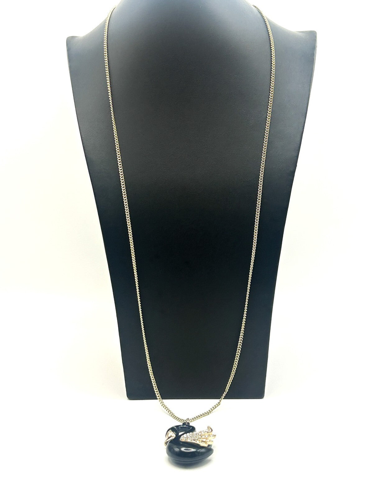 Black, Gold & Rhinestone Swan Pendant Necklace on Gold Tone Chain