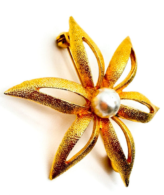 Vintage Sphinx Gold Tone Flower Brooch Faux Pearl Centre Textured Floral Pin