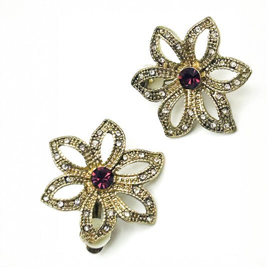 Vintage Gold Tone Flower Clip-On Earrings with Purple Pink Stone Centre