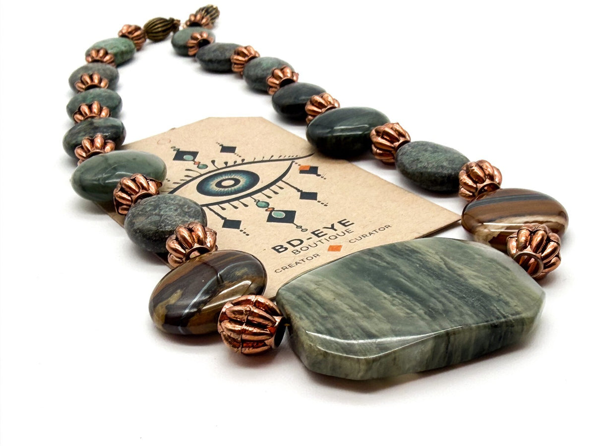 Boho Green Jasper Necklace Faceted Centrepiece Mixed Bead Statement