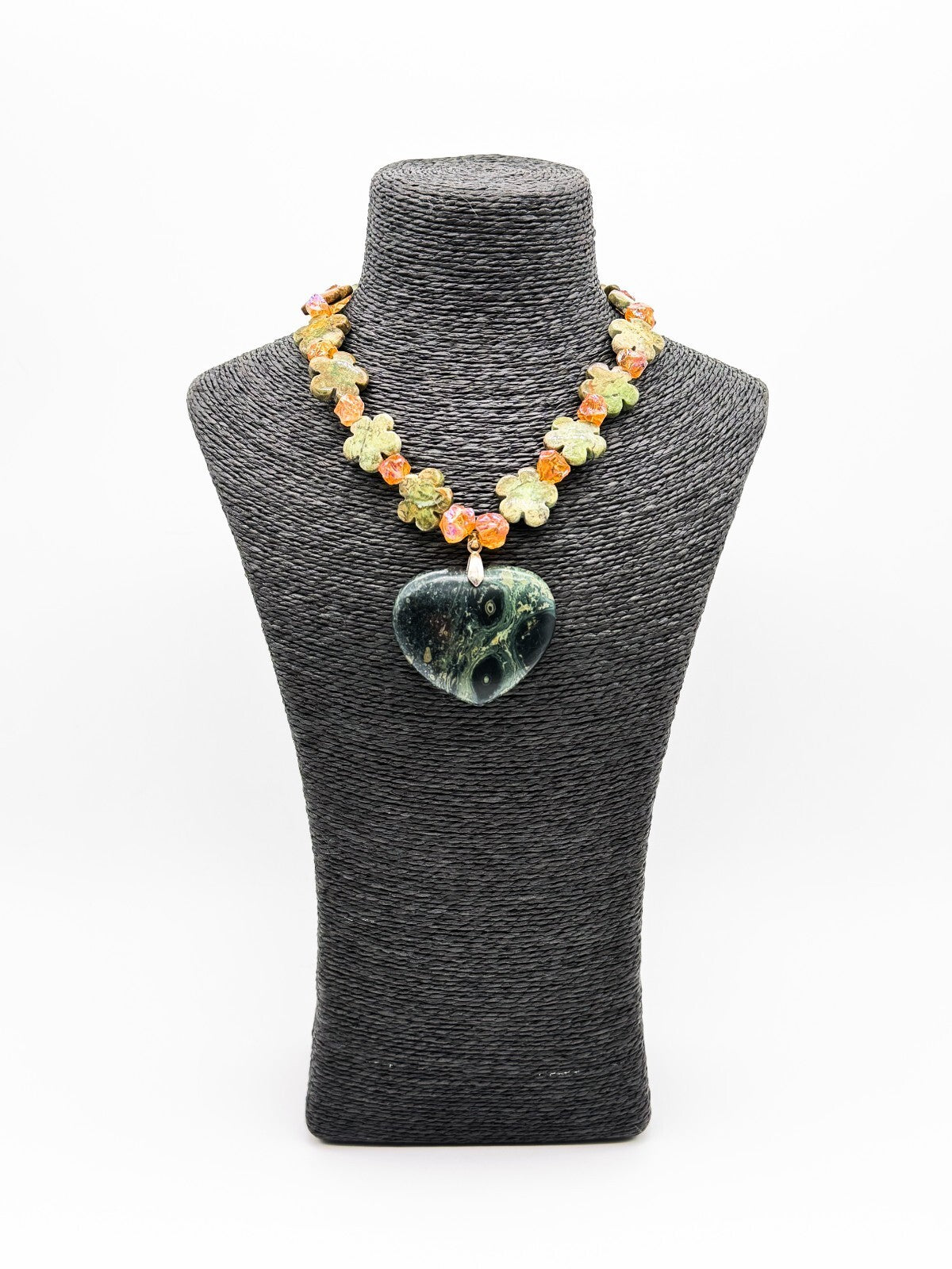 Serpentine Heart Necklace Jasper Bead Statement Chunky Green Pendant 17”
