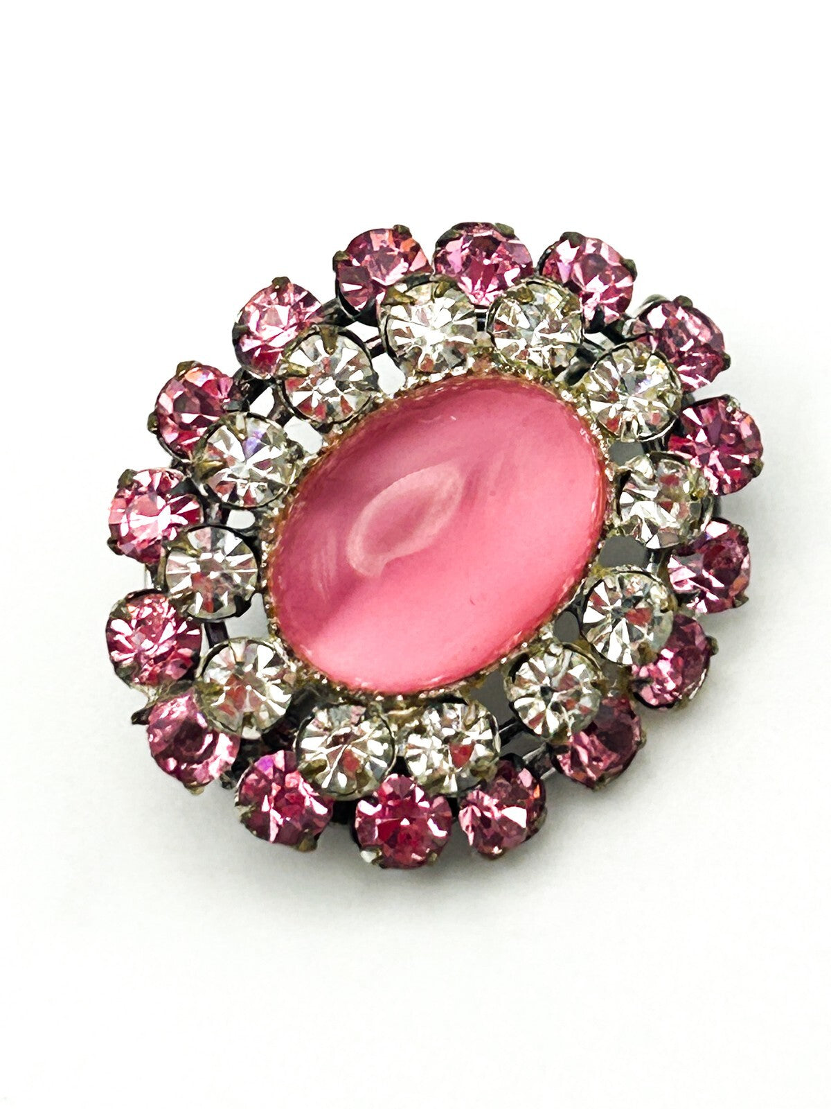 Vintage Pink Moonglow Brooch Rhinestone Halo Lucite Cabochon Pin