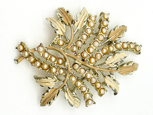 Vintage Jewelcraft Coro Faux Pearl Leaf Spray Brooch Silver Tone Floral Pin