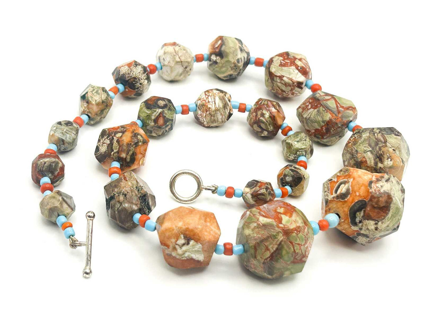 Graduated Raw & Faceted Jasper Statement Necklace with Blue and Red Glass Spacer