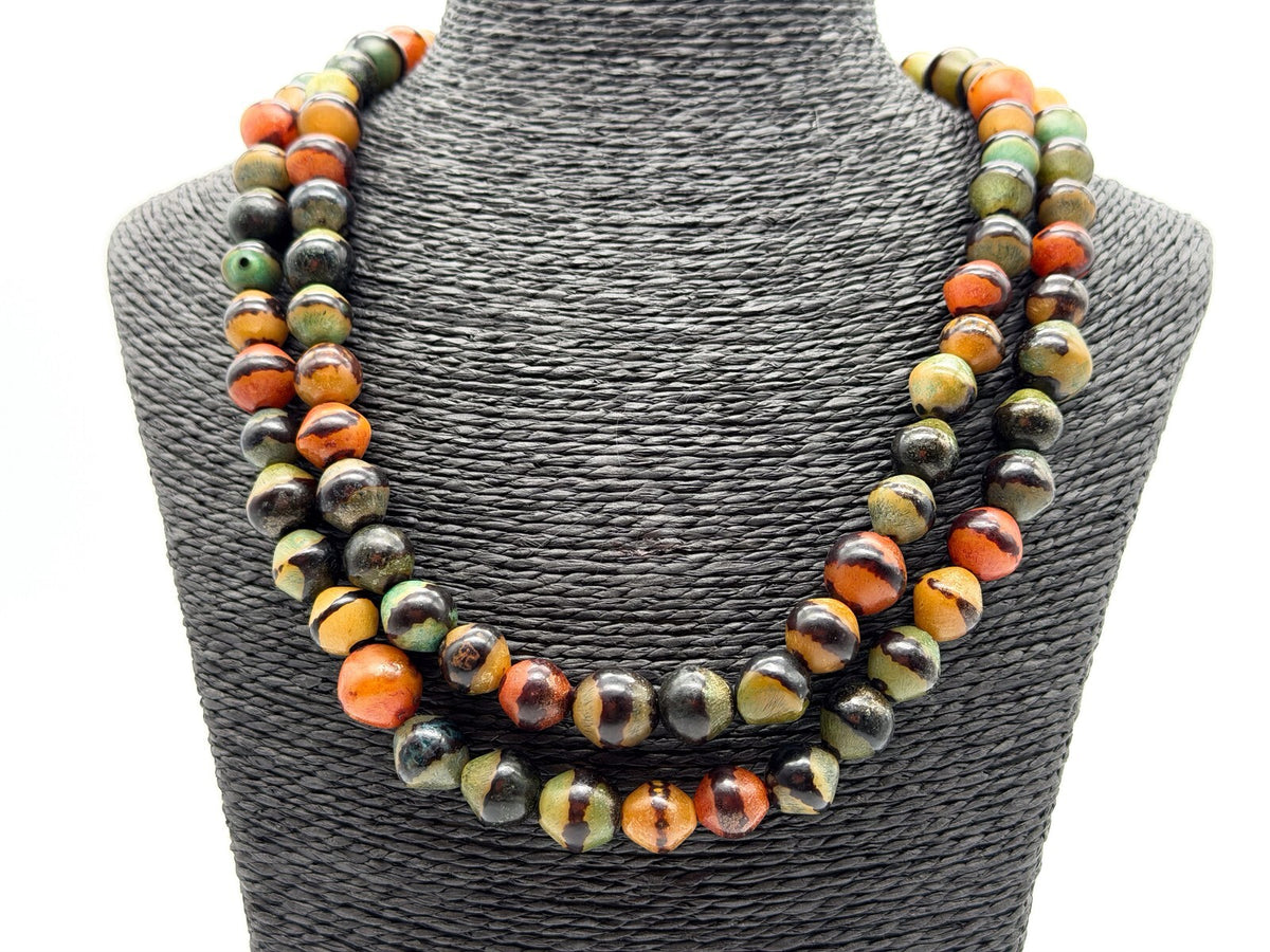 Vintage Double Strand Multicolour Acrylic Beaded Necklace Green Orange