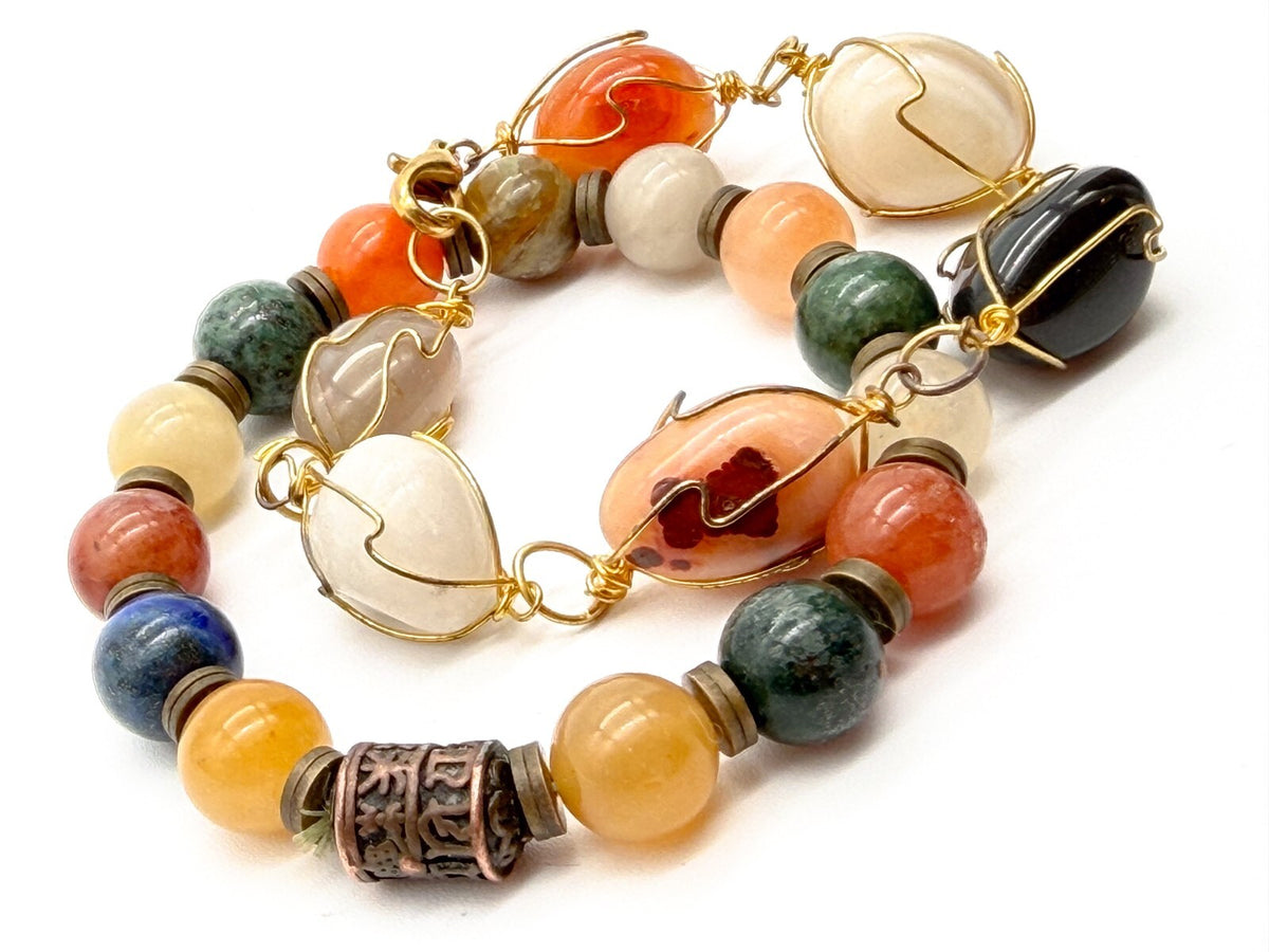 Carnelian Agate Citrine Gemstone Bracelet Duo – Wire Wrapped & Stretch Set