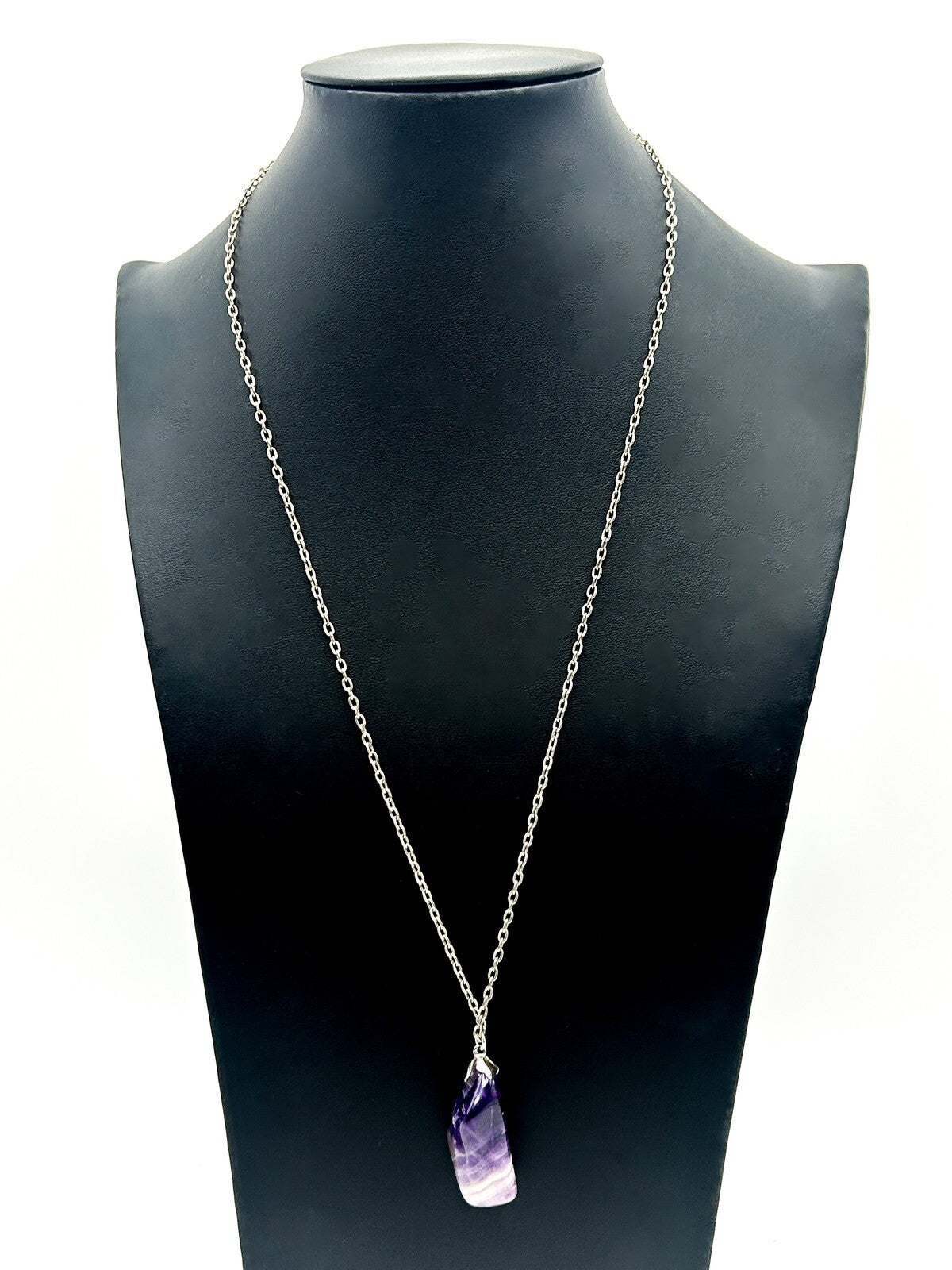 Banded Amethyst Pendant Necklace on Silver Tone Chain