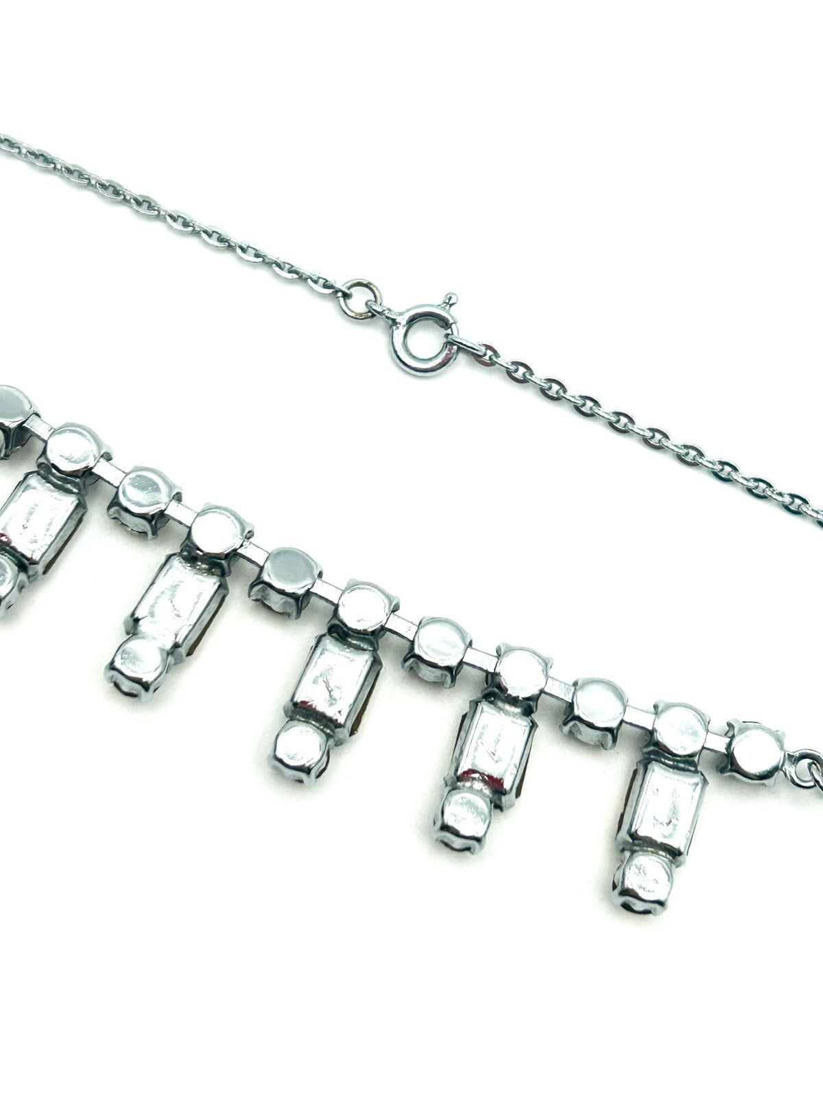 Vintage Silver Tone Rhinestone Drop Necklace with Articulated Glass Crystal