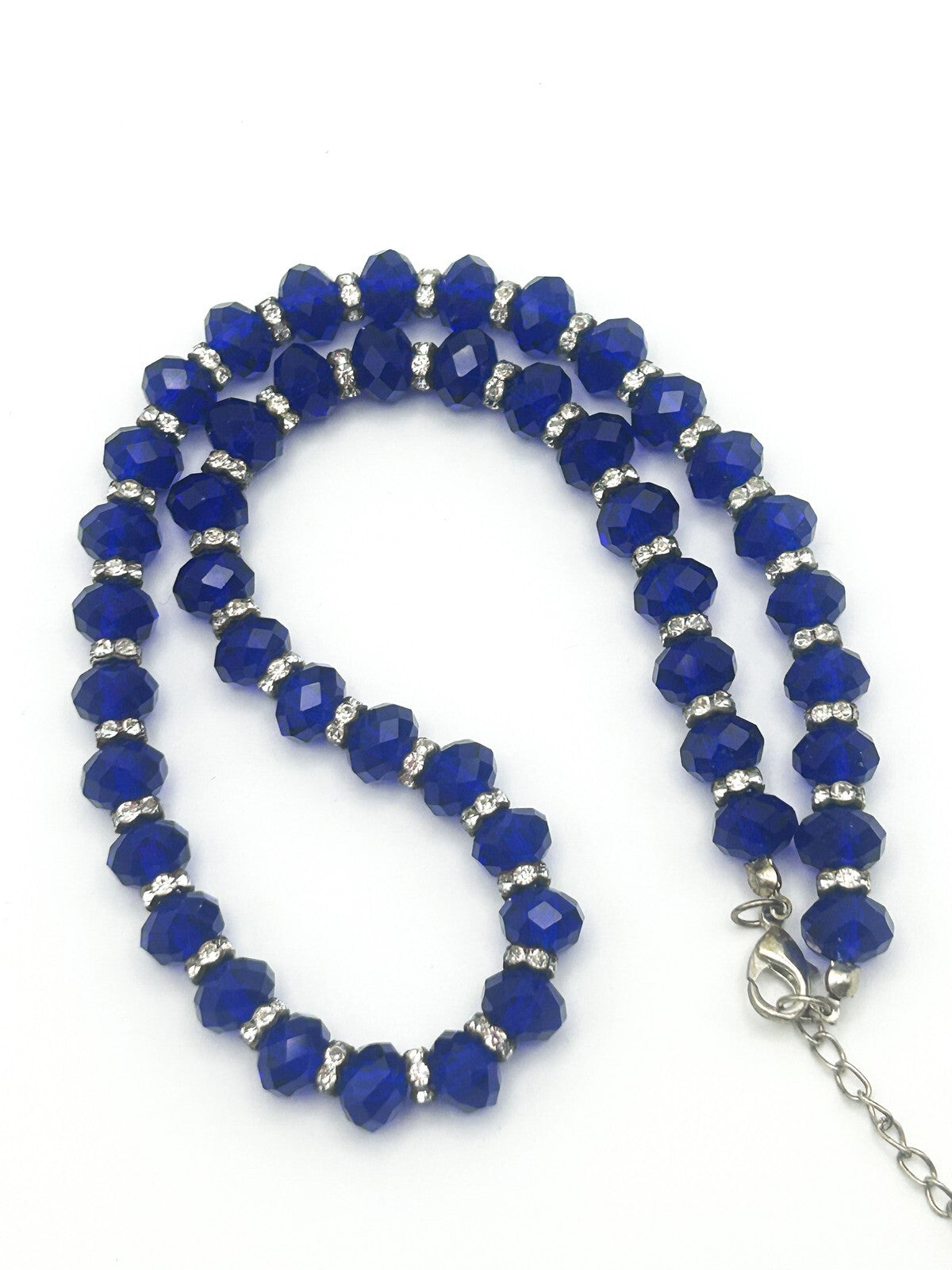 Cobolt Blue Faceted Glass Necklace with Rhinestone Rodelles - Bright Bold