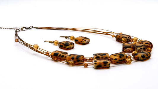 Shell-Glass Bead Necklace & Earring Set | Tortoiseshell Effect | Brass Tone