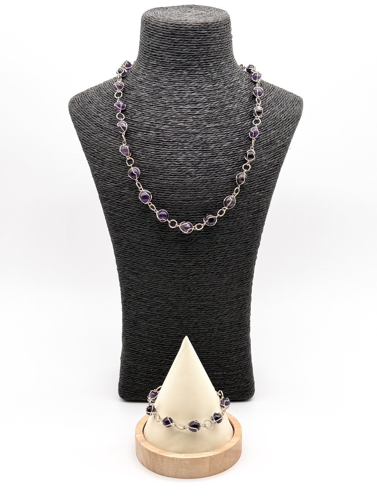 Amethyst Necklace & Bracelet Set Wire Wrapped Purple Gemstone Chain 20.5”