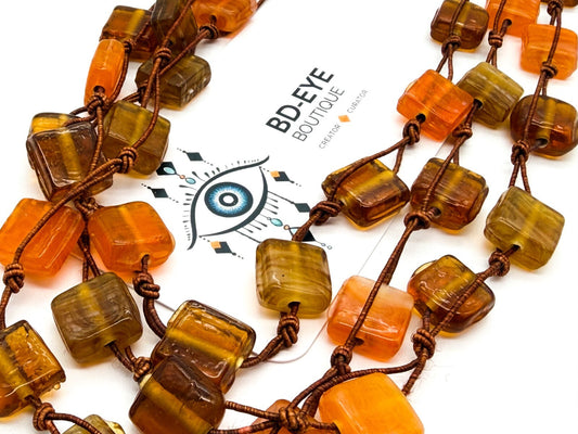 Vintage Amber Art Glass Bead Necklace Orange Brown Triple Strand Knotted 28.5”