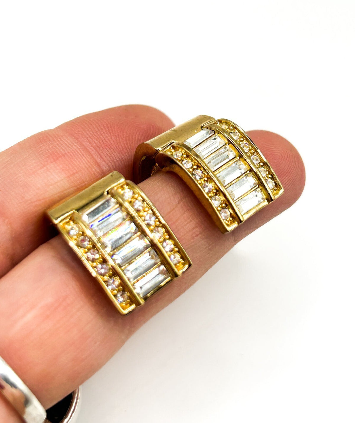 Vintage Monet Gold Tone Baguette Rhinestone Magnetic Earrings Original Card
