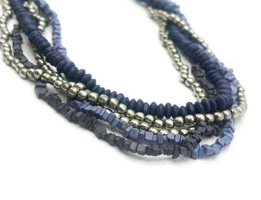 Vintage Multi-Strand Blue & Silver Glass Bead Torsade Necklace