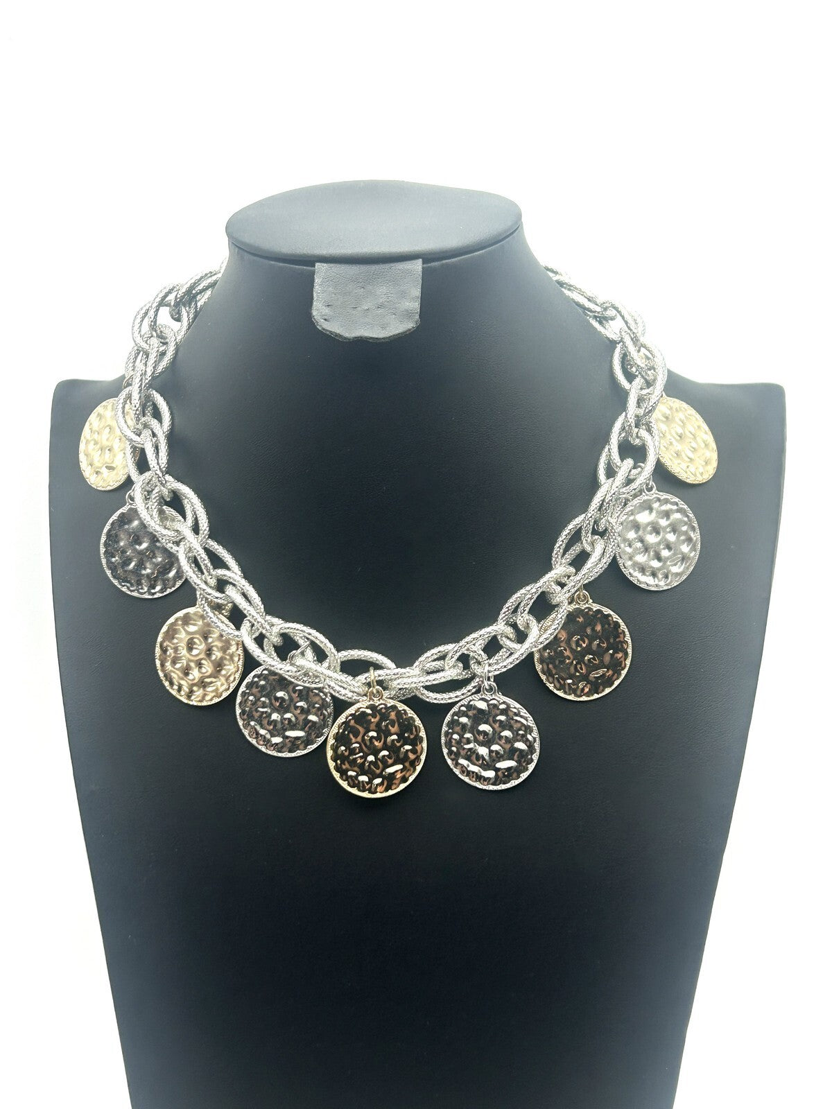 M&S Silver & Gold Tone Hammered Coin Charm Statement Necklace
