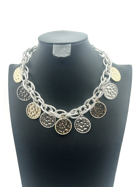 M&S Silver & Gold Tone Hammered Coin Charm Statement Necklace