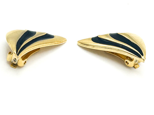 Gorgeous Signed Patent Vintage Gold Tone & Black Enamel Clip On Earrings