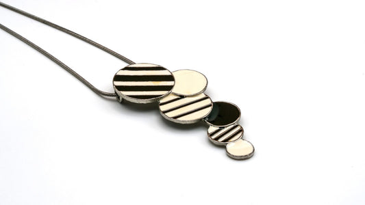 Vintage Enamel Stripe Pendant Necklace - 80s Style Retro Black Cream - 22 in