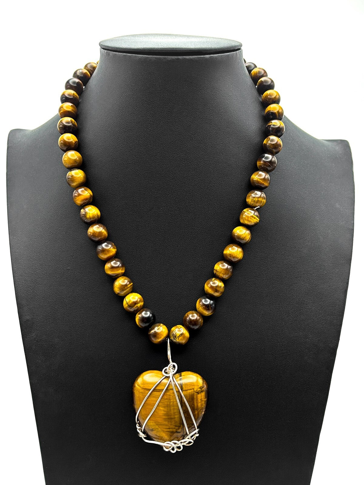 Tiger Eye Beaded Necklace Heart Pendant 925 Silver Clasp Wire Wrapped 17.5”