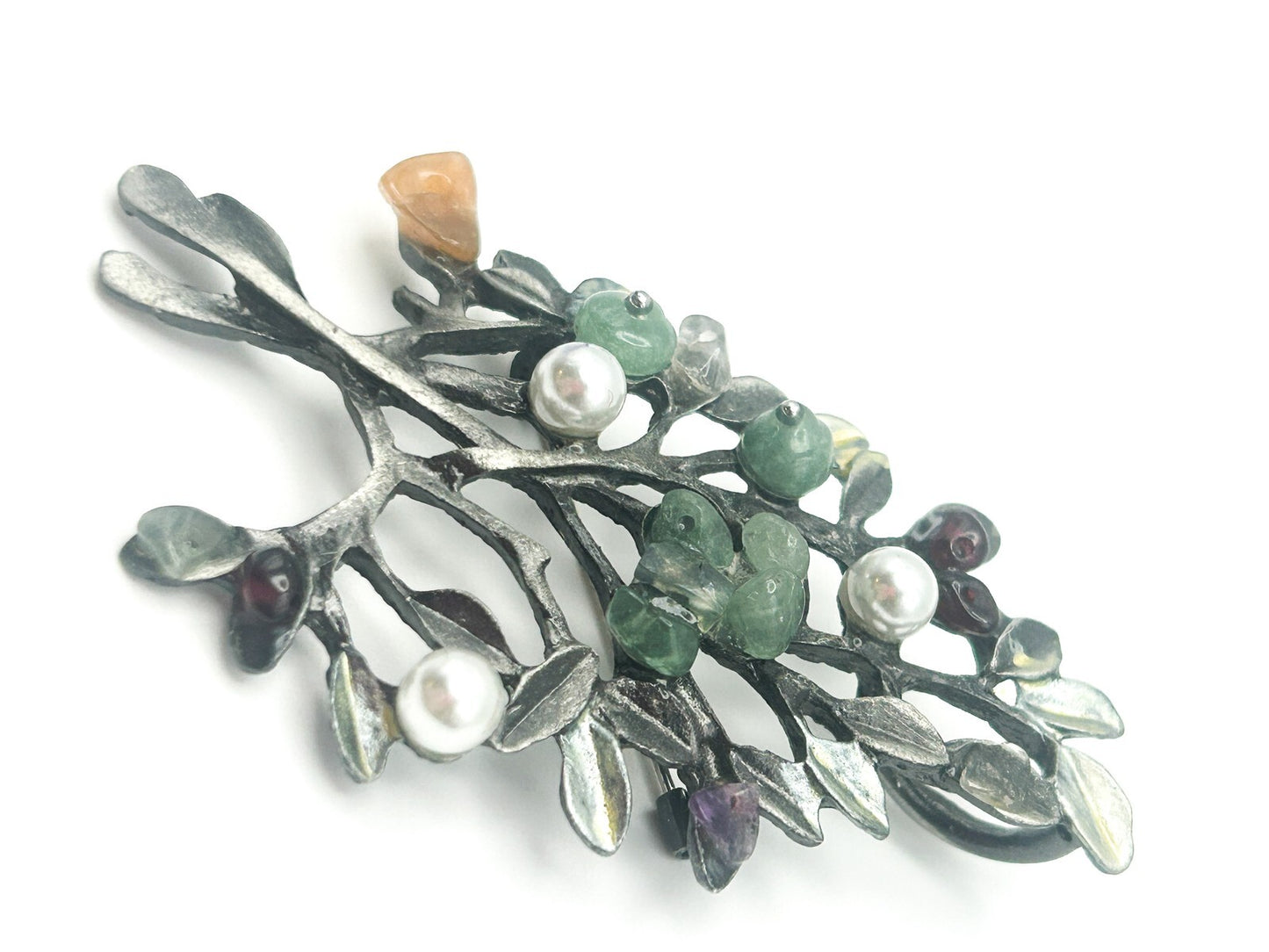 Pewter Leaf Tree Branch Gemstone Brooch - Aventurine, Faux pearl, Amethyst