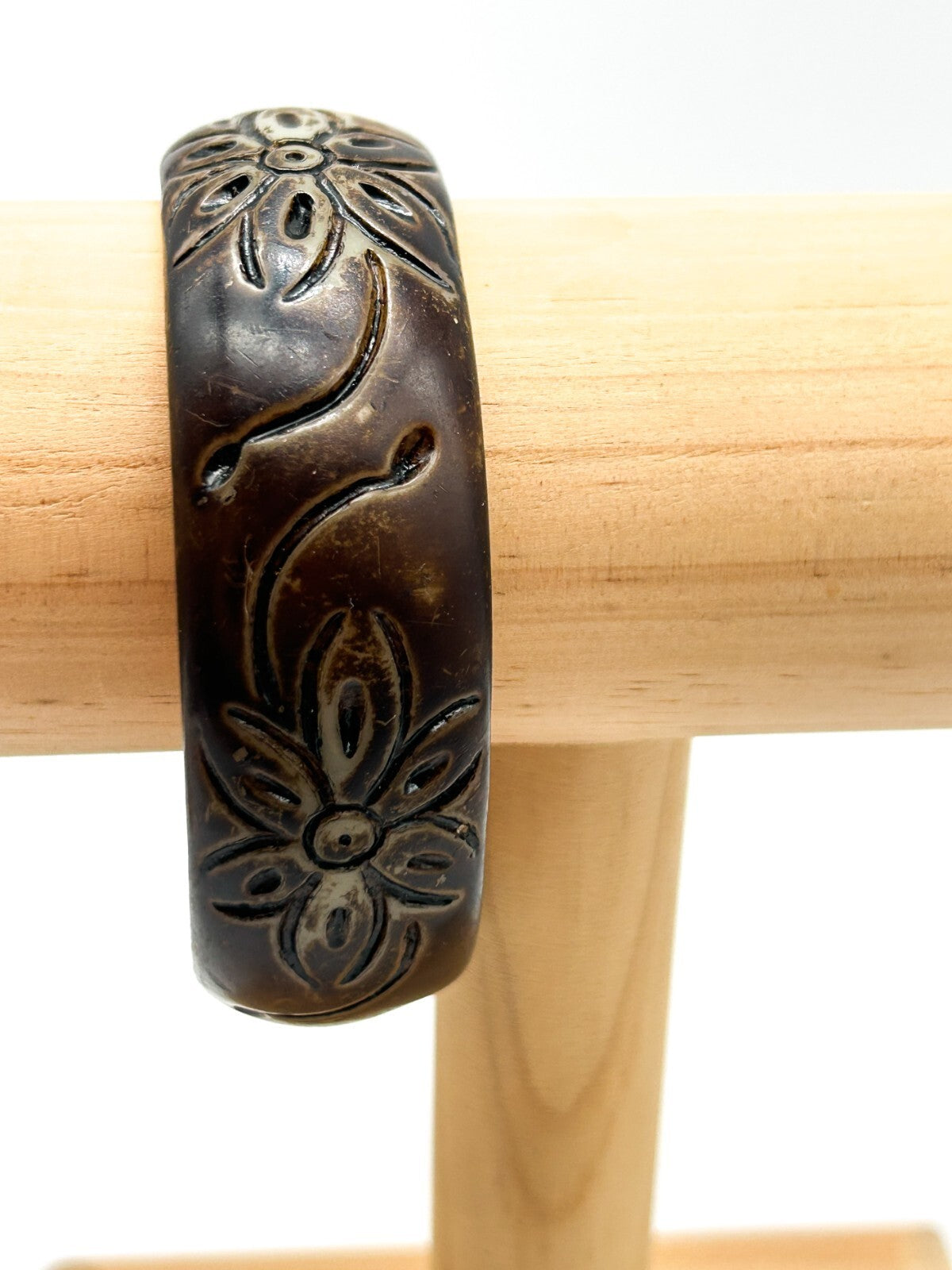 Vintage Carved Floral Organic Material Bangle Brown Boho Statement Bracelet