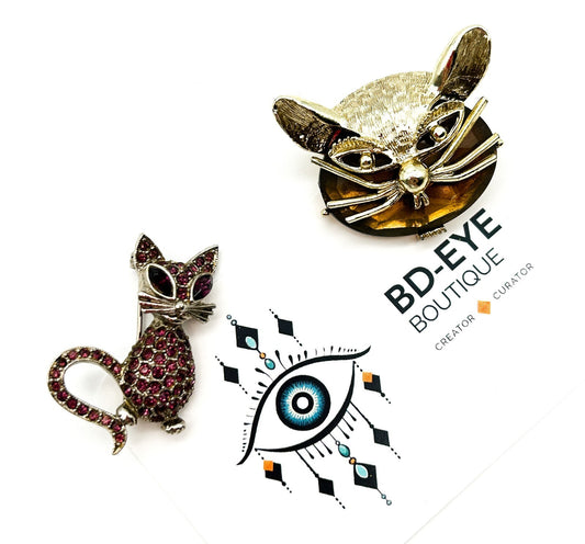 Vintage Purple Rhinestone Cat & Gold Tone Cat Head Brooches Figural Pin