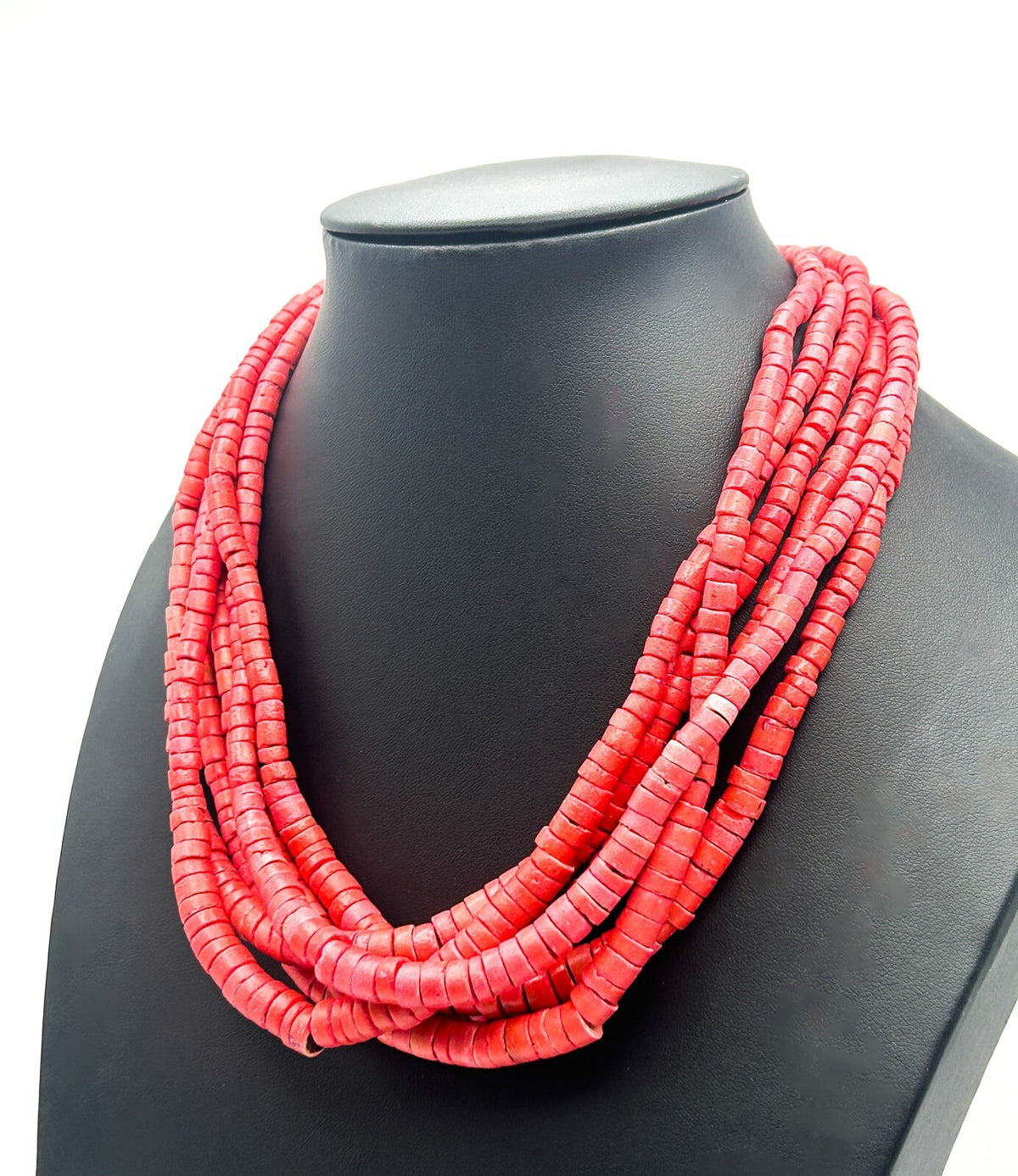 Red Dyed Organic Multi Strand Heishi Disc Beaded Necklace with Gold Tone Clasp
