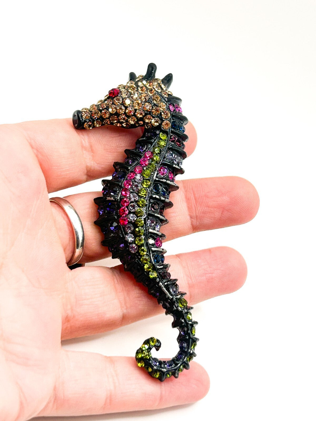 Large Rhinestone Seahorse Brooch Multicolour Figural Pendant 8.5 cm