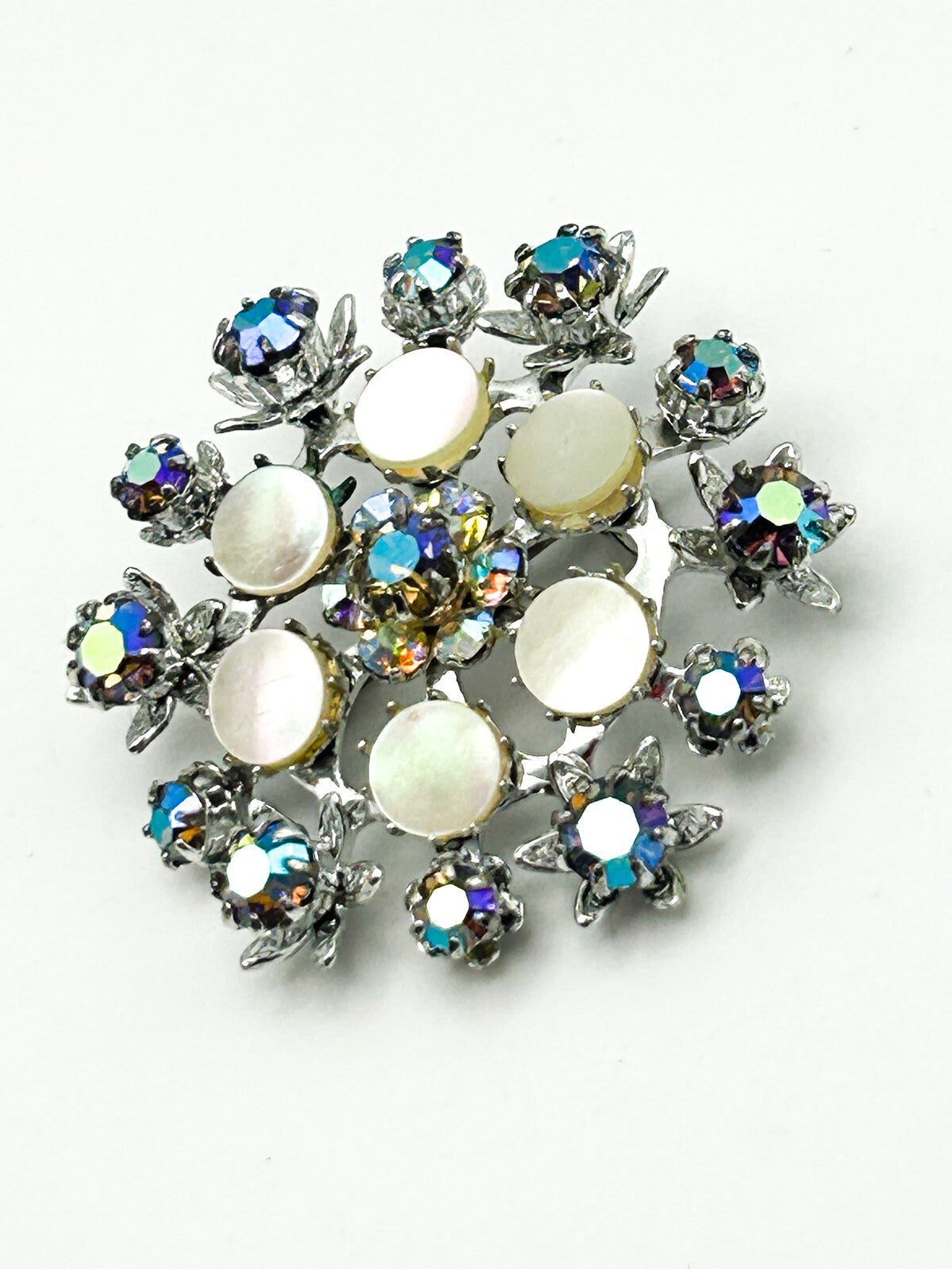 AB Rhinestone Cluster Brooch Mother of Pearl Silver Tone Pin