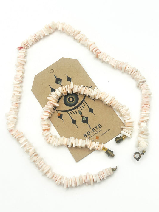 Vintage Pale Pink Shell Chip Necklace & Bracelet - Beach Sea Boho Surf