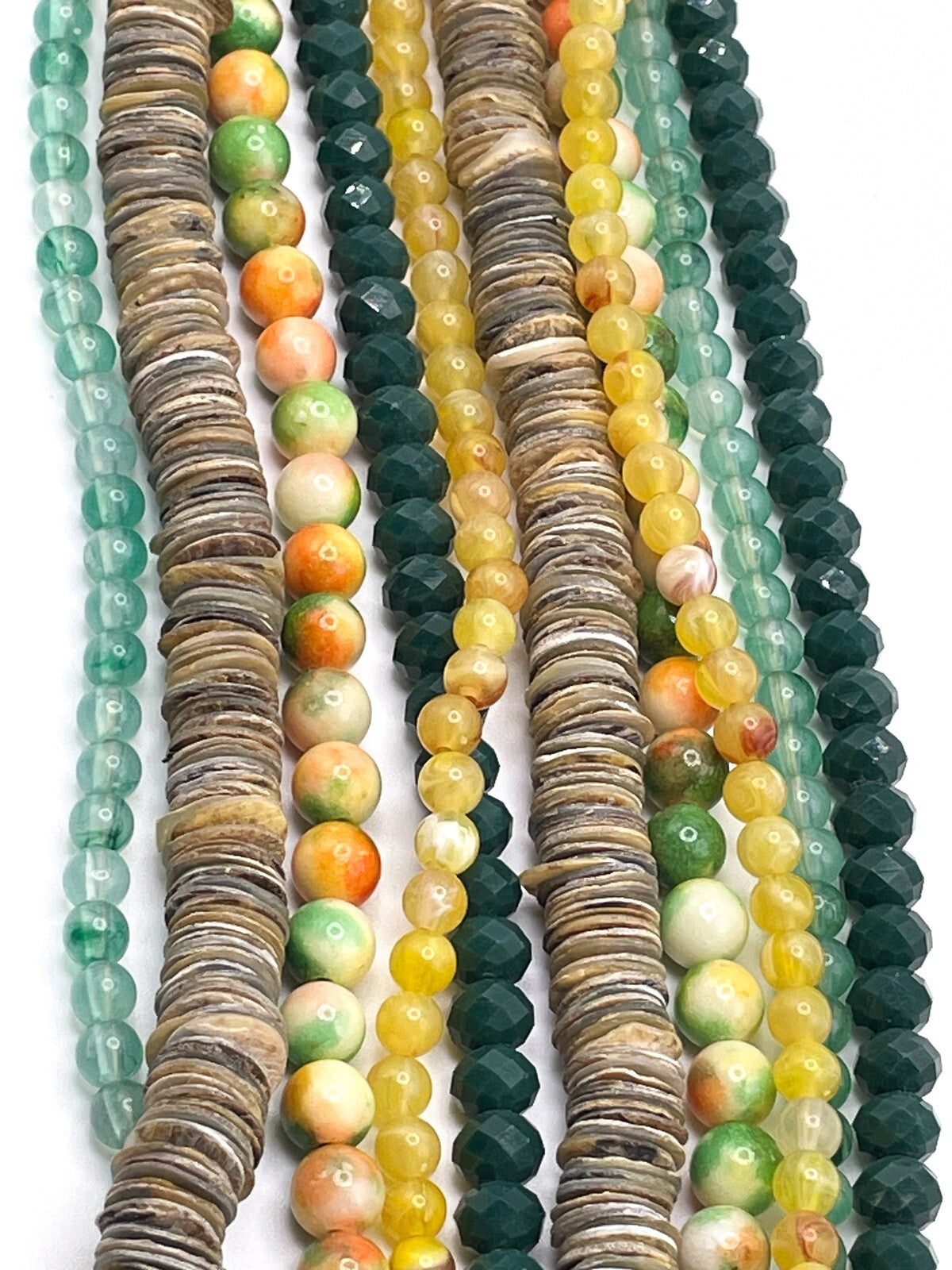 Five-Strand Layered Bead Necklace in Green, Yellow and Orange