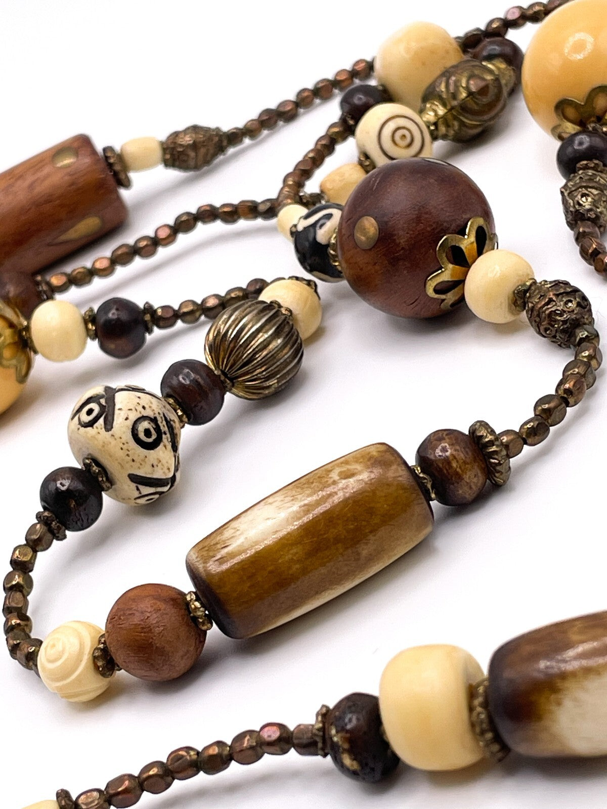 Vintage Graduated Wood & carved painted Organic material Beaded Necklace Boho