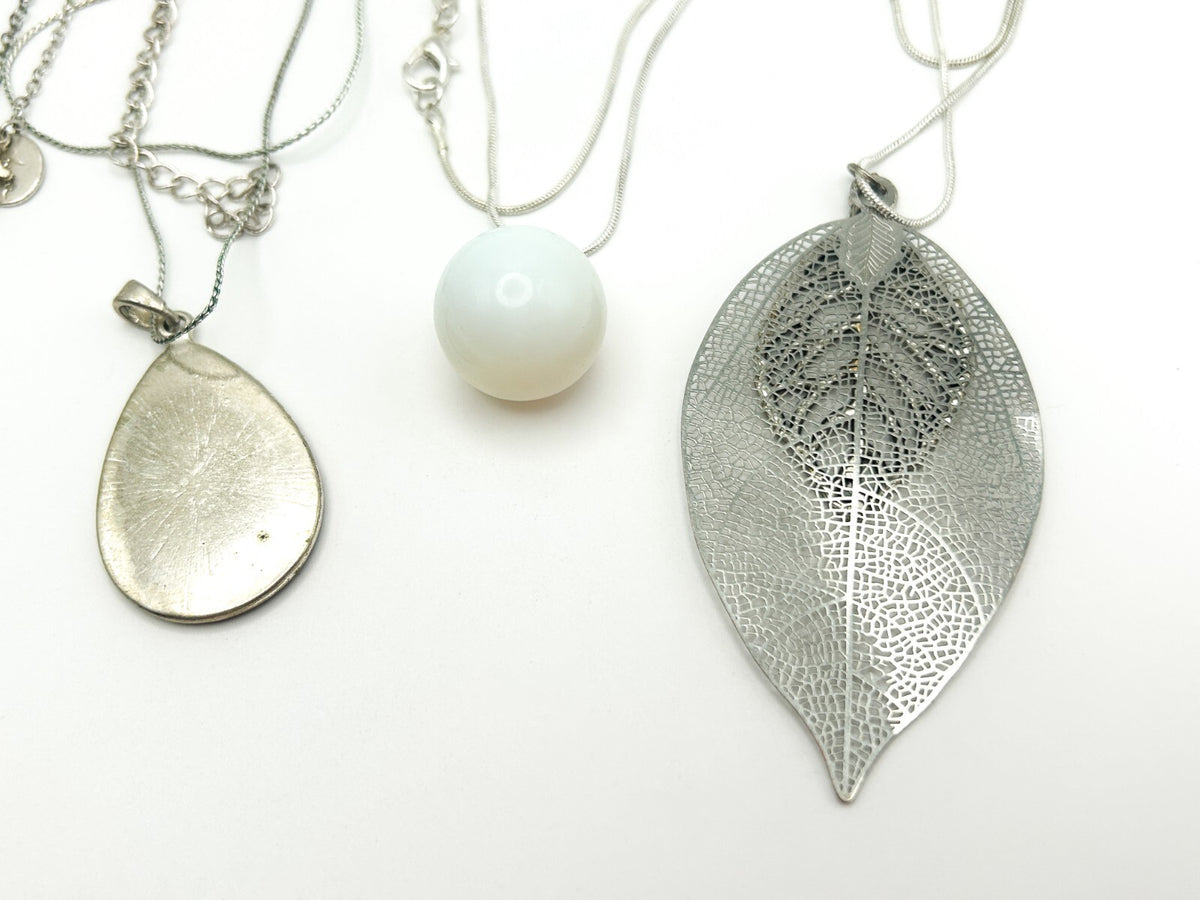 Silver Tone Pendant Necklace Bundle Dragonfly Sun Leaf Gemstone x5