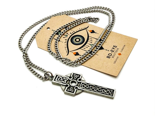 Pewter Celtic Knot Cross Necklace on Silver Tone Chain