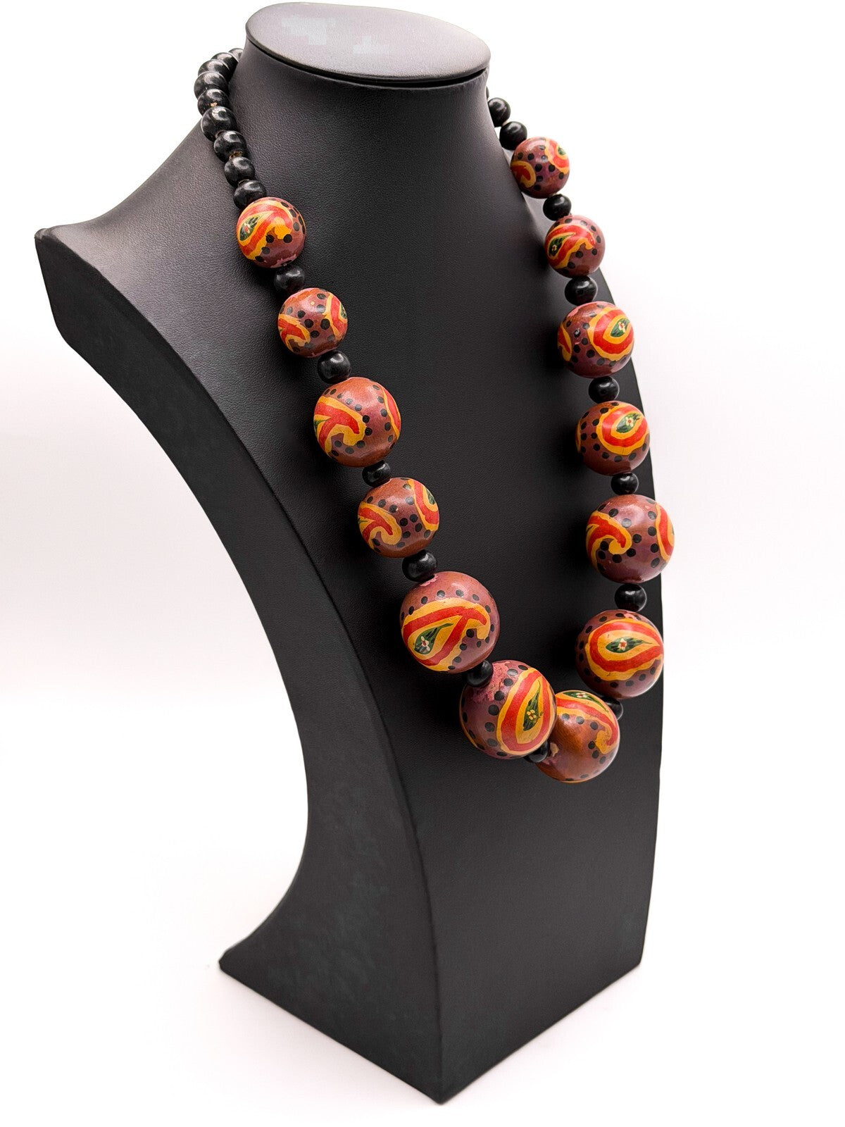 Graduated Hand-Painted Paisley Wooden Bead Necklace – Orange & Brown Tones