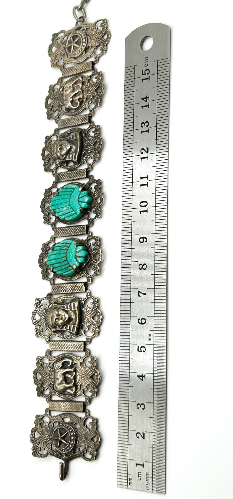 Vintage Egyptian Revival Pharaoh Scarab Panel Bracelet Turquoise Hamsa Tourist