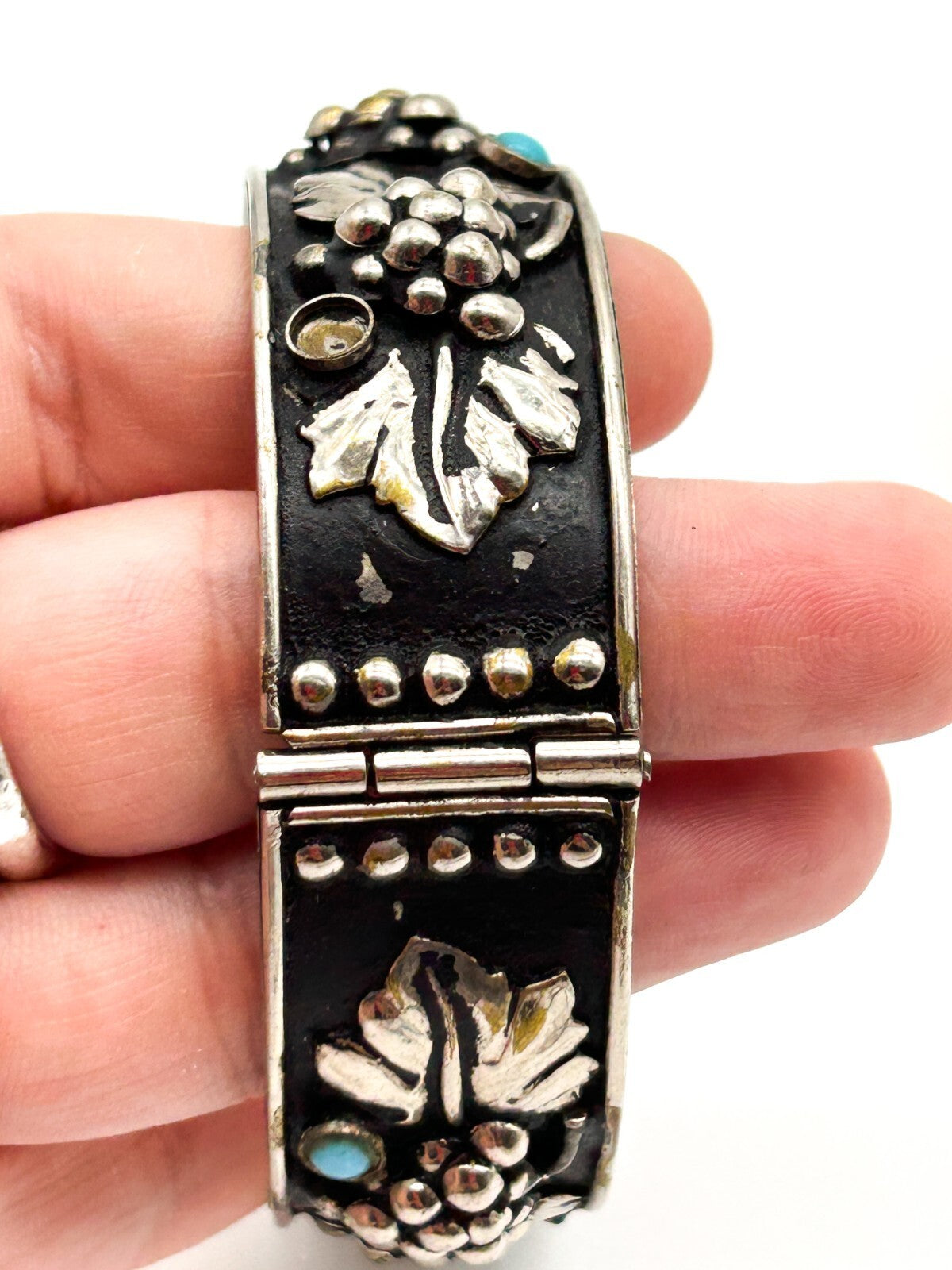 Vintage Silver Plated Grapevine Cuff Bracelet Black Japanned Bacchus Bangle