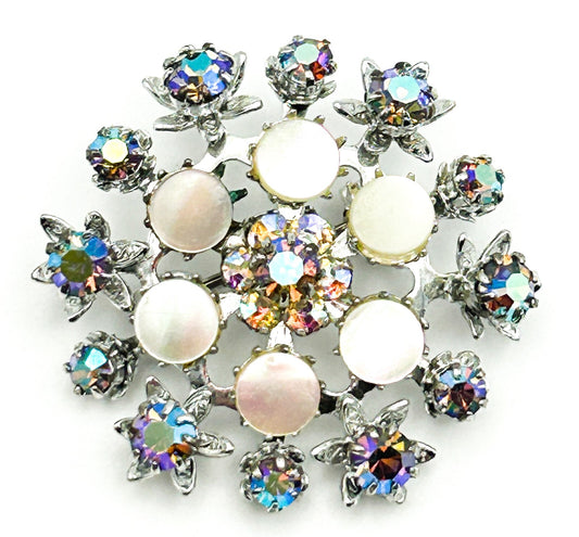AB Rhinestone Cluster Brooch Mother of Pearl Silver Tone Pin
