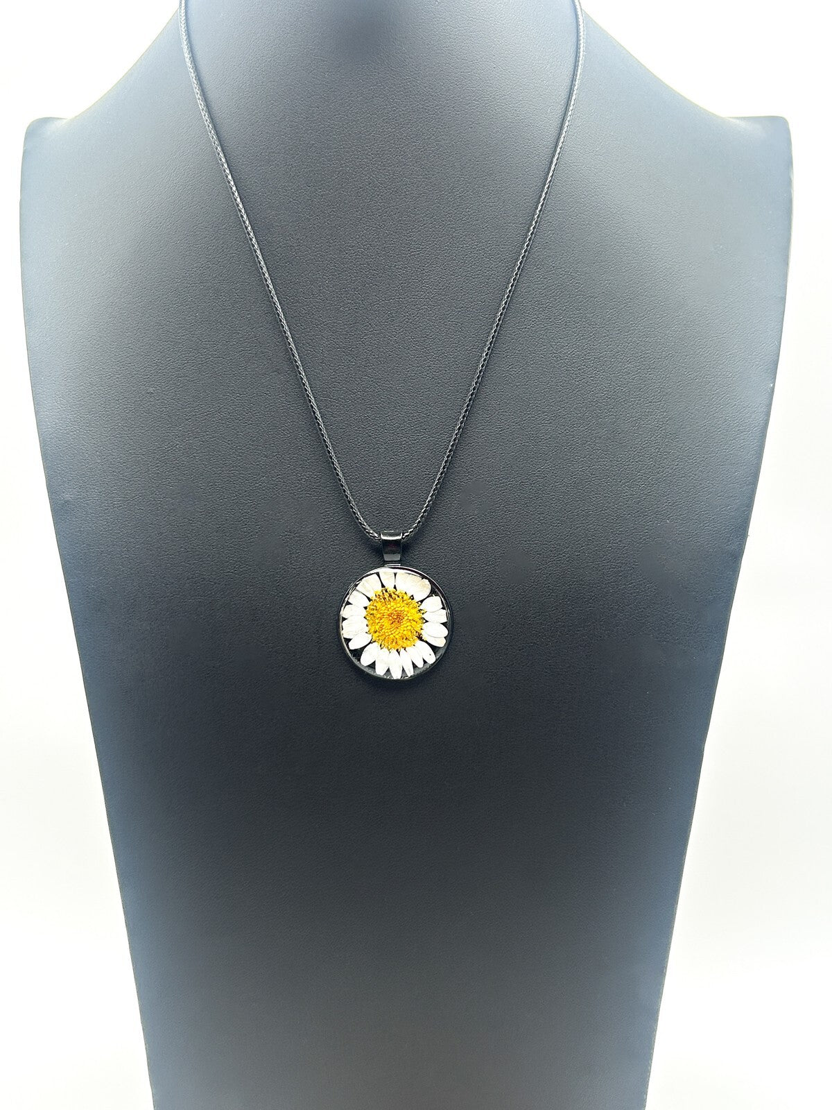New Resin Daisy Pendant Necklace on New Black Cord - Dried Flower Pendant