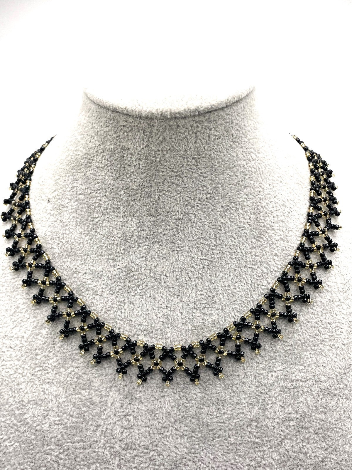 Black & Gold Seed Bead Collar Necklace Gothic Woven Dainty Handmade Artisan