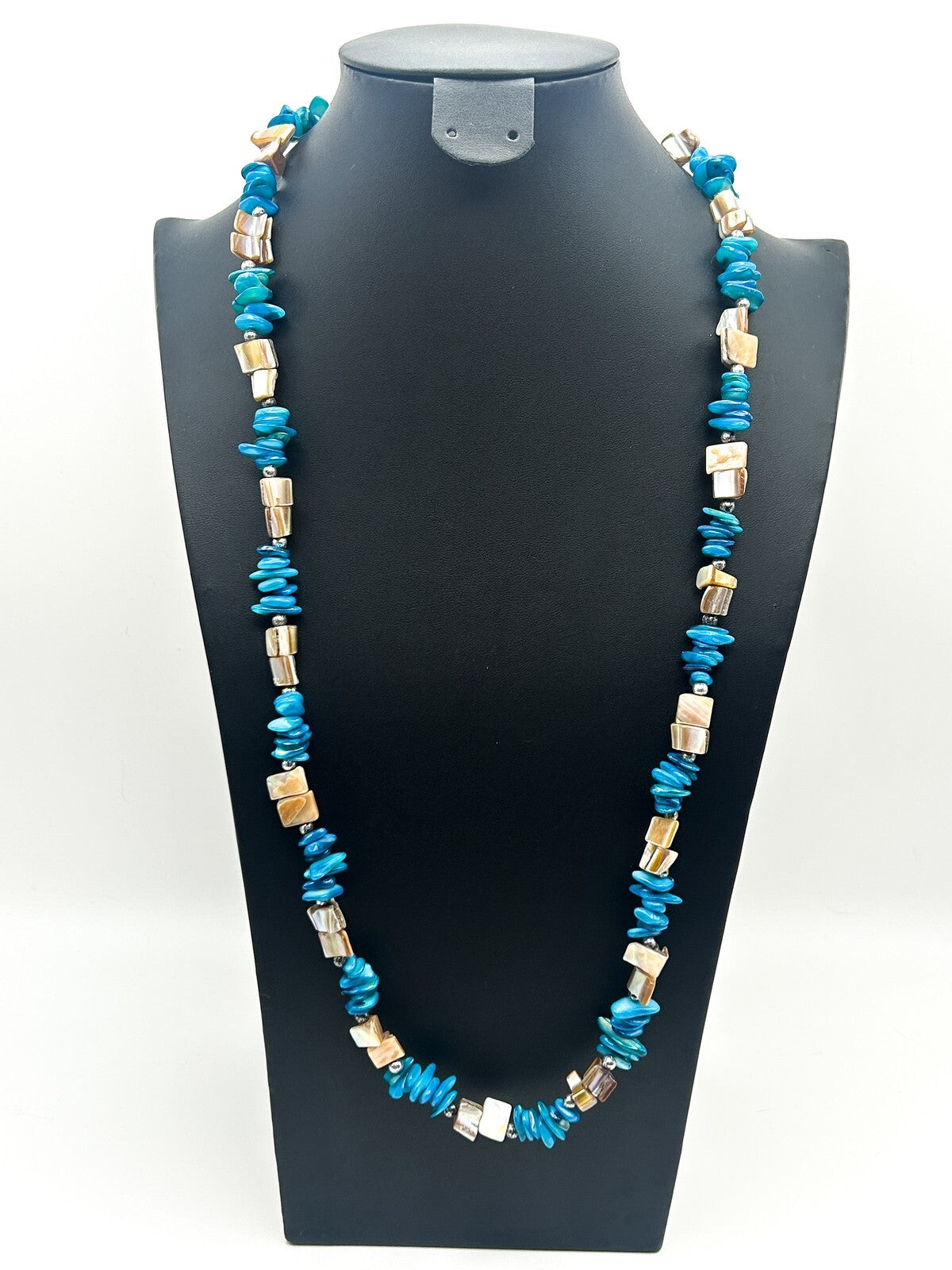 Long Blue & Cream Boho Mother of Pearl Shell Chip Iridescent Necklace