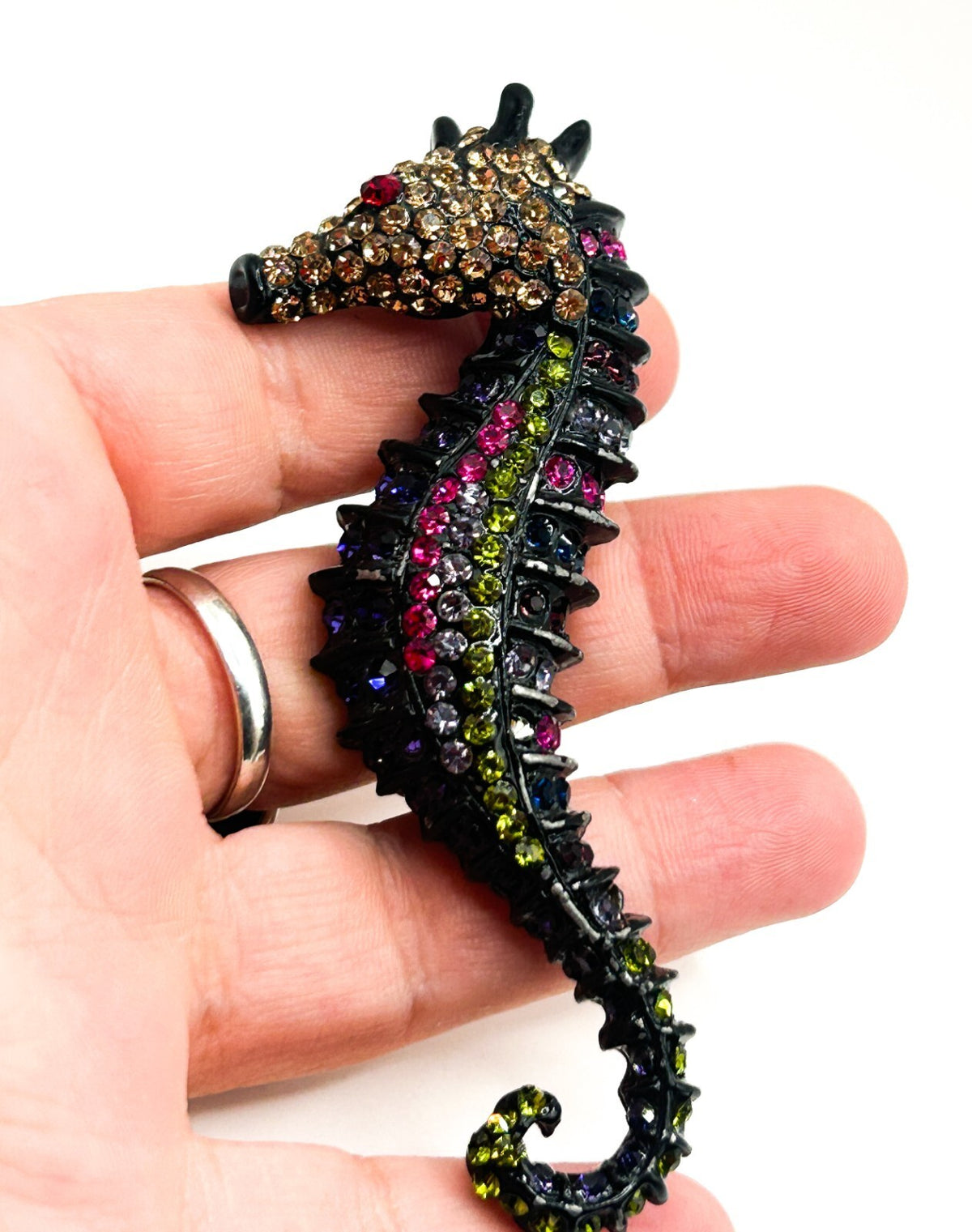 Large Rhinestone Seahorse Brooch Multicolour Figural Pendant 8.5 cm